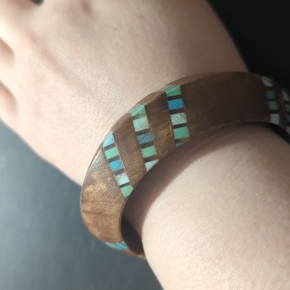 Brown Wood and Blue Inlaid Bangle Statement Bracelet